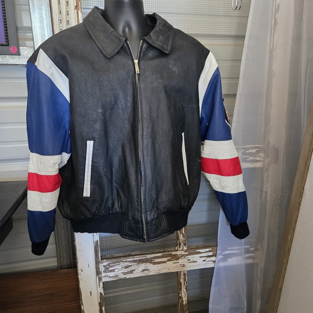 Michael Hoban U.S. Authentic Mens Multicolor American Flag Leather Jacket Large